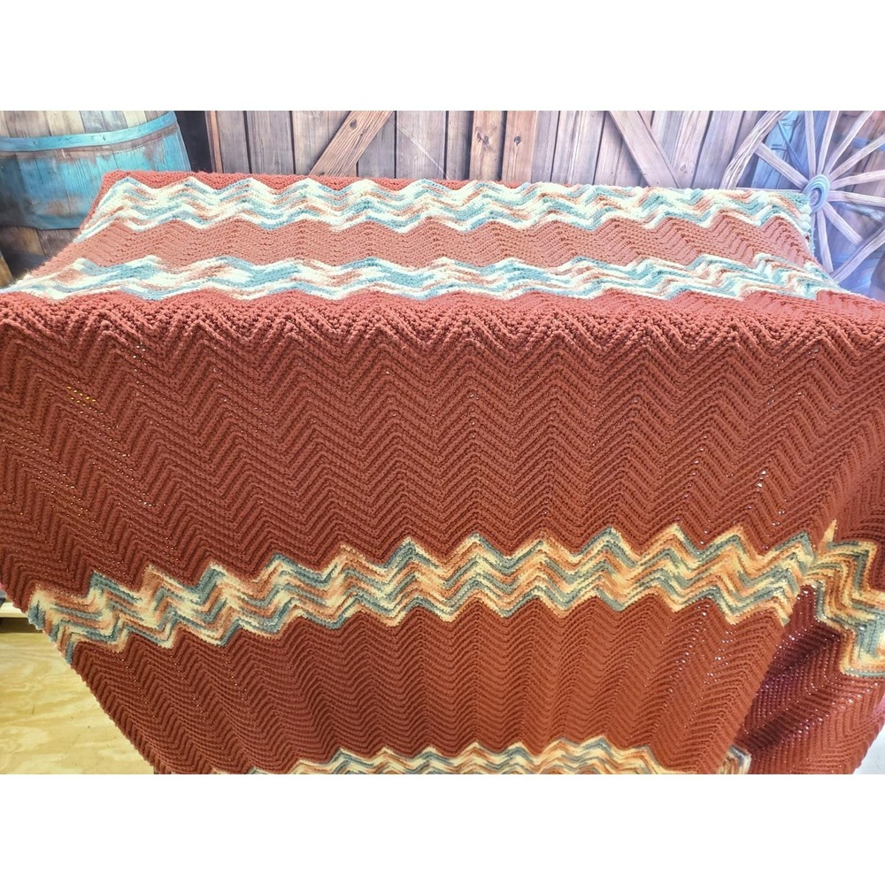 Handmade Crochet Chevron Blanket Afghan Throw Rust Blue White Knit  54"Wx109"L